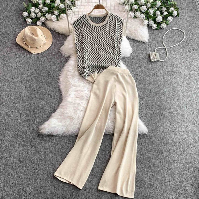 Two-piece Set Vintage Wavy Patterned Knitted Sleeveless Top and Stylish High-waisted Wide-leg Long Trousers