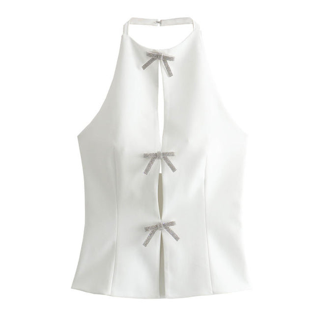 2 Colorway Solid Color Bow Tie With Beading Back Hollow Out Casual Fashion Women's tank Top
