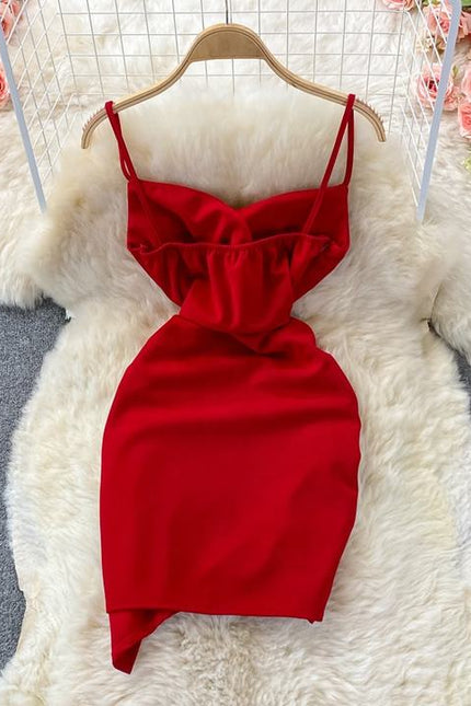 New Summer Sleeveless V-Neck Spaghetti Strap Sheath French Halter Backless Asymmetric Dresses for Women