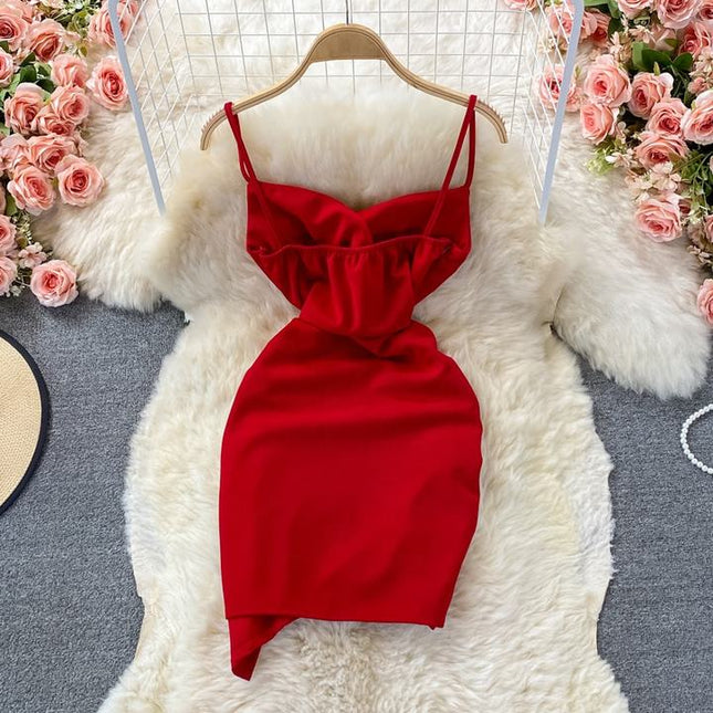 New Summer Sleeveless V-Neck Spaghetti Strap Sheath French Halter Backless Asymmetric Dresses for Women