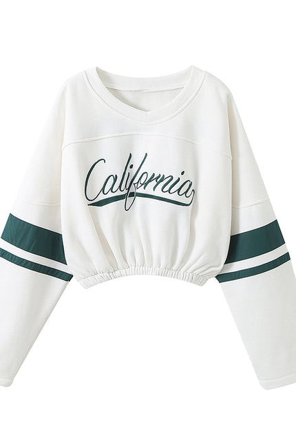 Crew Neck Letter Print Long Sleeve White Color Casual Fashion Crop Sweatshirt for Women