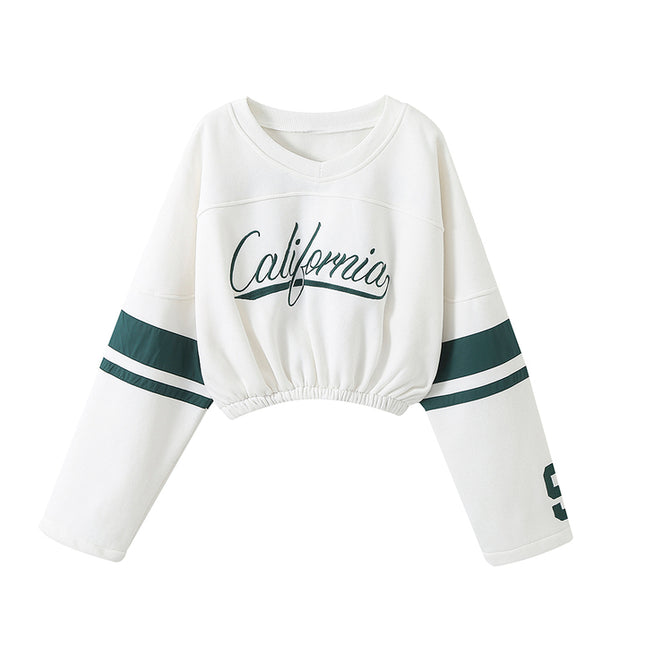 Crew Neck Letter Print Long Sleeve White Color Casual Fashion Crop Sweatshirt for Women