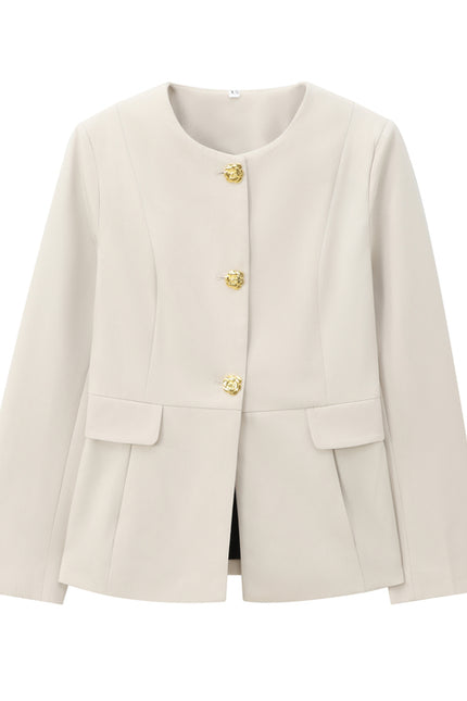 Crew Neck Long Sleeve Beige Color Single Breasted Casual Fashion Jacket for Women