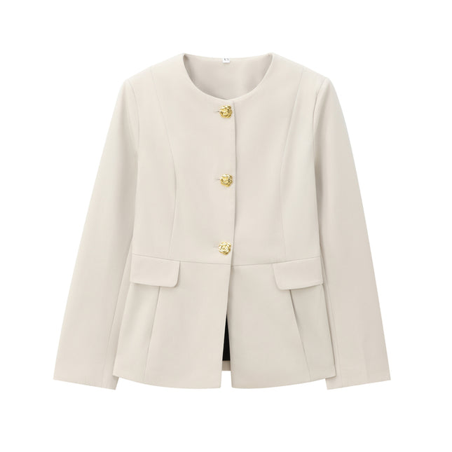Crew Neck Long Sleeve Beige Color Single Breasted Casual Fashion Jacket for Women