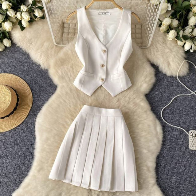 French Suit Vest High Waisted Pleated Two Piece Skirt Set