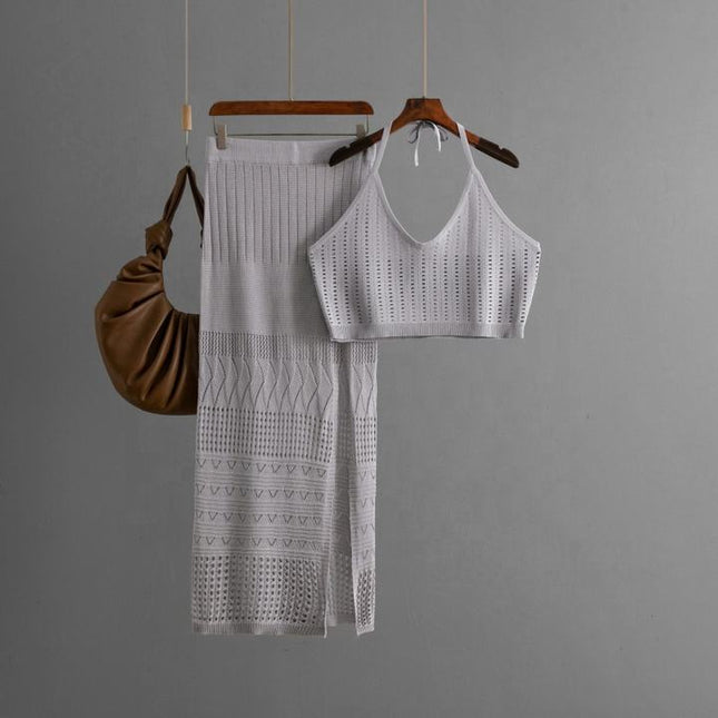 Europe and the United States New Women's Summer Short Vest Top Two-piece Set Split Buttock Wrap Skirt
