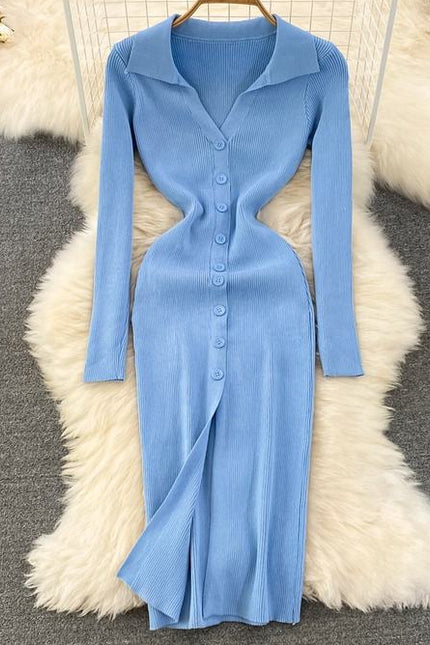Spring and Autumn V-neck Women's Long Sleeve Knit Split Tight Dresses