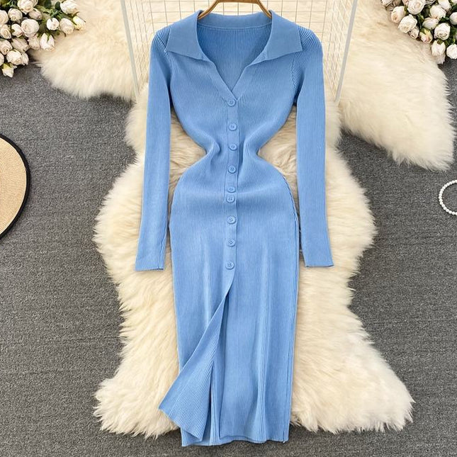 Spring and Autumn V-neck Women's Long Sleeve Knit Split Tight Dresses