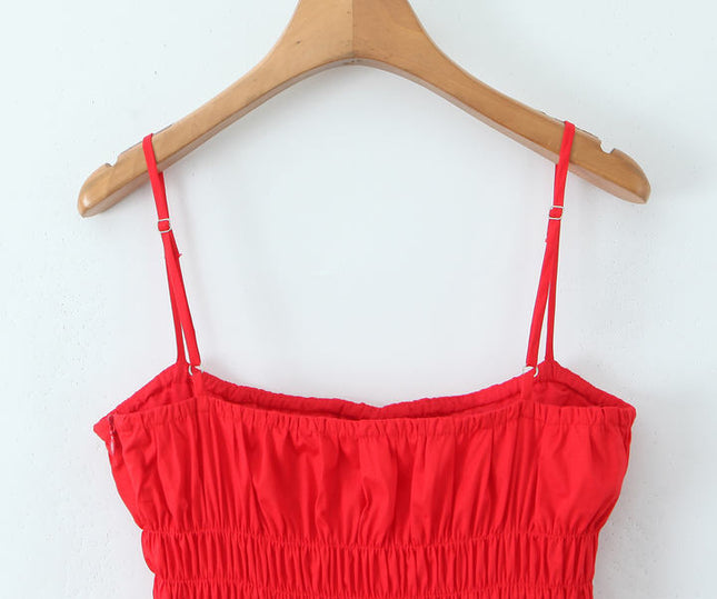 Spaghetti Strap Red Color Smocked Front Lace up Casual Fashion Summer Mini Cotton slip Dress for Women
