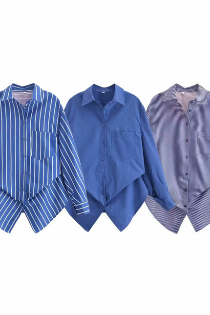 3 Colorway Turn Down Collar Long Sleeve Buttons up Blue Color Casual Fashion Tops Blouse for Women