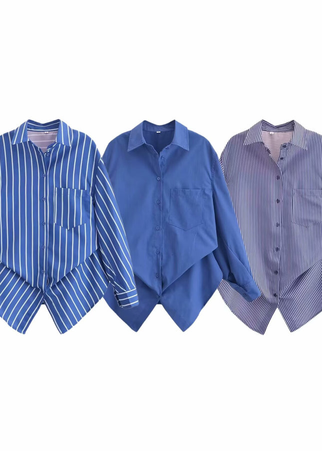 3 Colorway Turn Down Collar Long Sleeve Buttons up Blue Color Casual Fashion Tops Blouse for Women