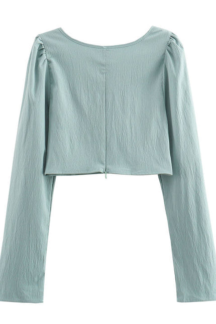 Square Collar Long Sleeve Back Zipper Fly Blouse Green Color Pants Casual Women's 2 Piece Set