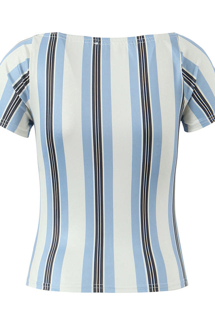 Square Collar Striped Print Short Sleeve Blue White Color Casual Fashion t Shirt for Women
