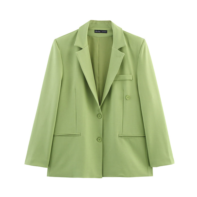 Single Breasted Green Color Notched Collar Long Sleeve Casual Fashion blazer Jacket for Women