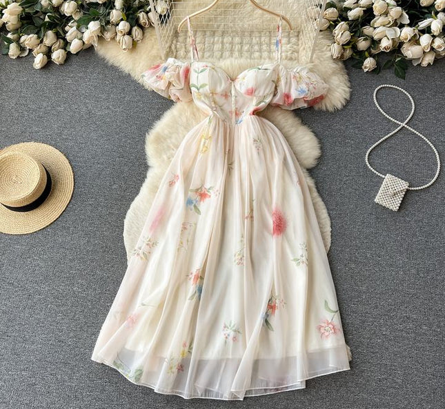 Plunge Halter Women Summer Floral Bubble Sleeve Mesh Dresses