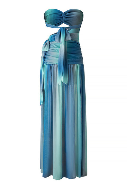 Back Hollow Out Strapless Blue Color Casual Fashion Maxi Dress for Women