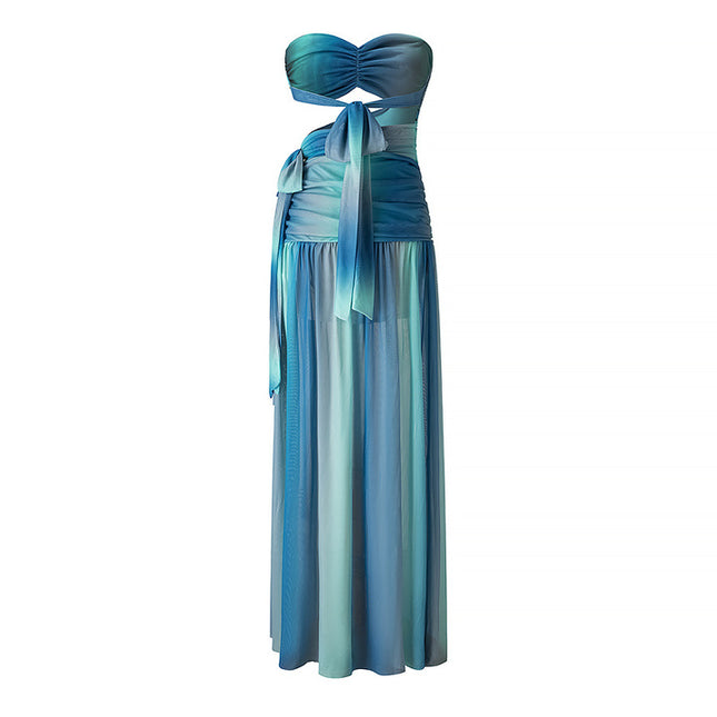 Back Hollow Out Strapless Blue Color Casual Fashion Maxi Dress for Women