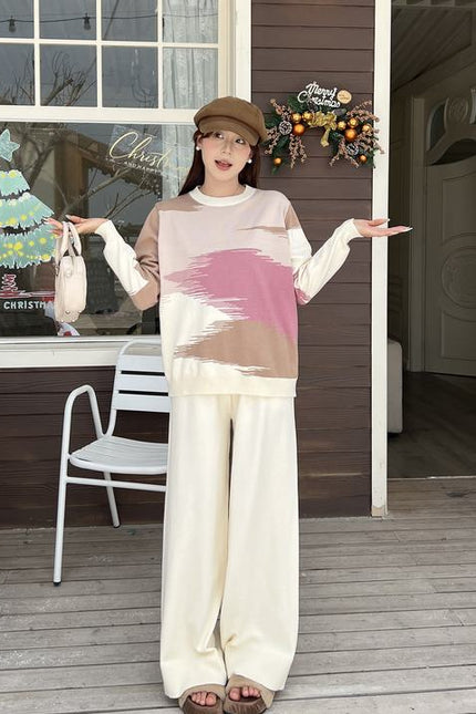 Round Neck Contrasting Color Autumn and Winter New Casual Loose Slimming Wide Leg Pants Knitted Two-piece Set for Women