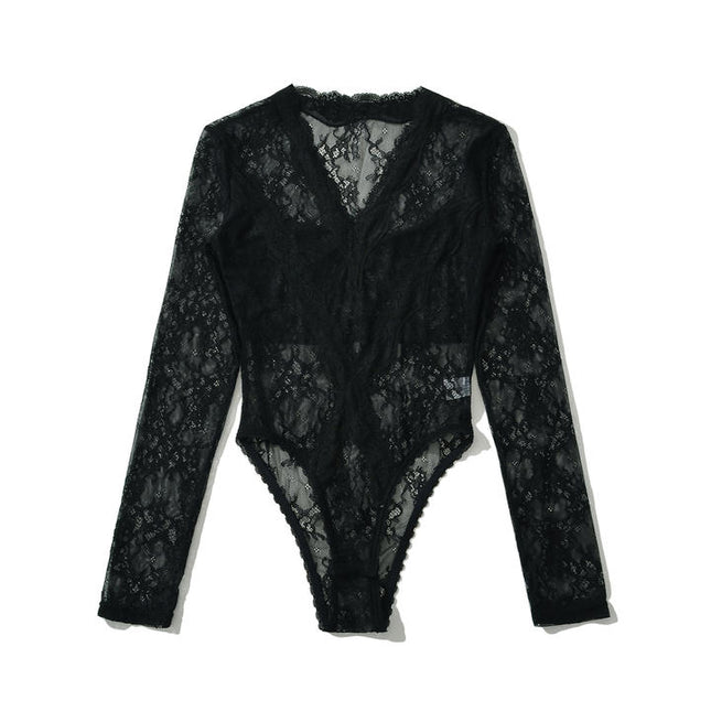 2 Colorway v Neck Long Sleeve Solid Color Floral Lace Casual Fashion Women's One Piece Jumpsuit