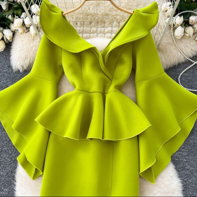 Women's Green V-Neck Ruffle Patchwork Flared Sleeve Split Party Dresses