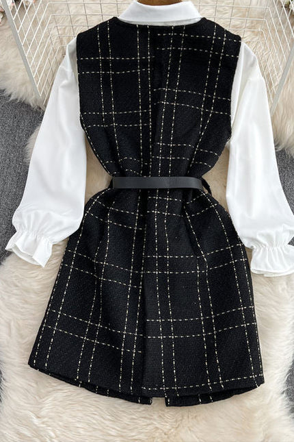 Women'S Long Single-Breasted Tweed Vest Jacket Loose White Shirt Two Piece Set