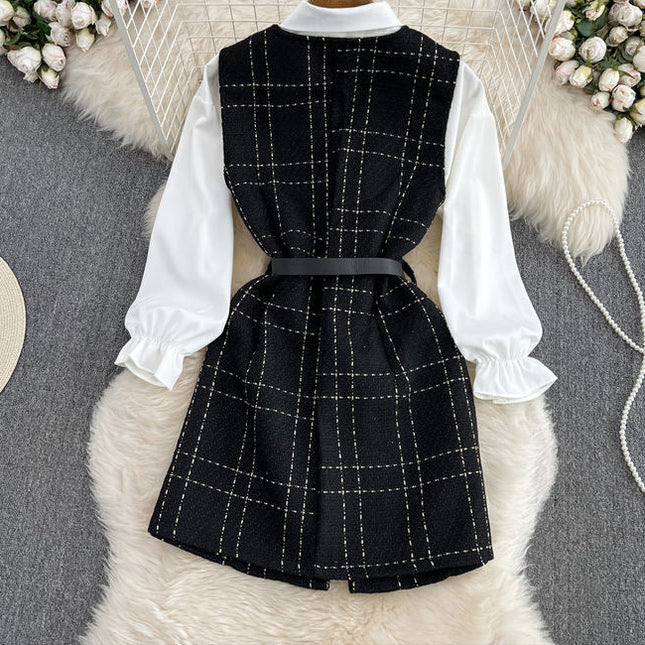 Women'S Long Single-Breasted Tweed Vest Jacket Loose White Shirt Two Piece Set