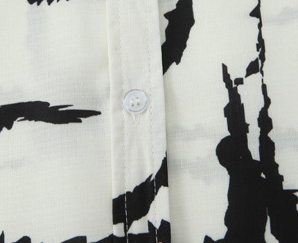 Beige Black Color Print Long Sleeve Buttons up Turn Down Collar Casual Fashion Tops Blouse for Women