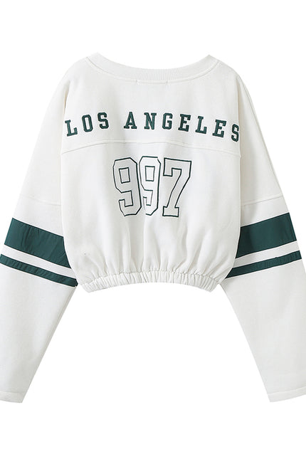 Crew Neck Letter Print Long Sleeve White Color Casual Fashion Crop Sweatshirt for Women