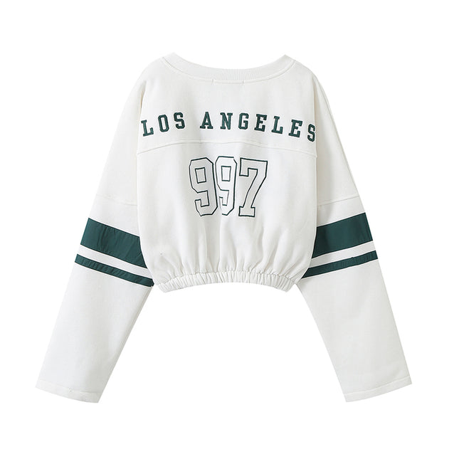 Crew Neck Letter Print Long Sleeve White Color Casual Fashion Crop Sweatshirt for Women