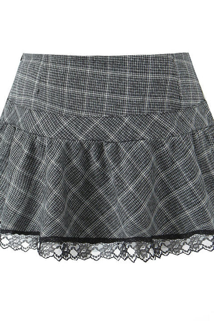 Gray Color Plaid Print Bottom Lace Hot Sale Casual Fashion Mini Skirt for Women