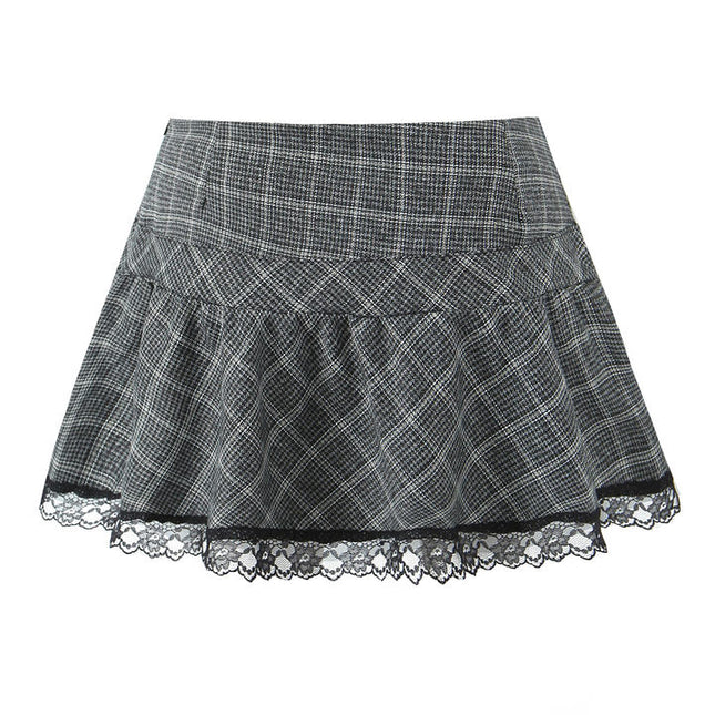 Gray Color Plaid Print Bottom Lace Hot Sale Casual Fashion Mini Skirt for Women