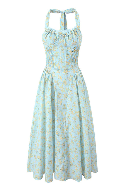 Floral Print Blue Color Sleeveless Hot Sale Casual Fashion Ladies Cotton Long Halter Dress