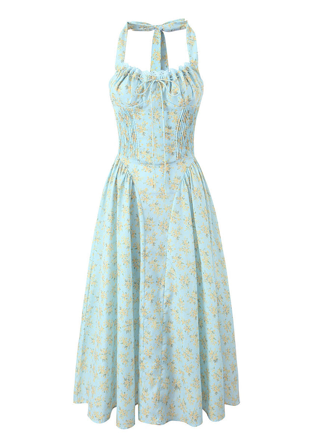 Floral Print Blue Color Sleeveless Hot Sale Casual Fashion Ladies Cotton Long Halter Dress