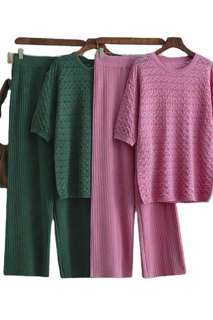 Summer New Solid Color Hollow Casual Round Neck Fashion Suit Short Sleeve Trousers Knit Two-piece Set