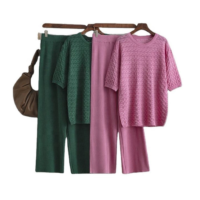 Summer New Solid Color Hollow Casual Round Neck Fashion Suit Short Sleeve Trousers Knit Two-piece Set