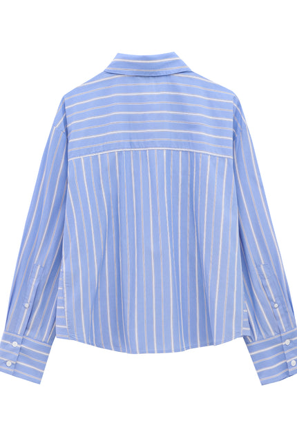 Turn Down Collar Striped Print Blue Color Long Sleeve Casual Fashion Tops Blouse for Women