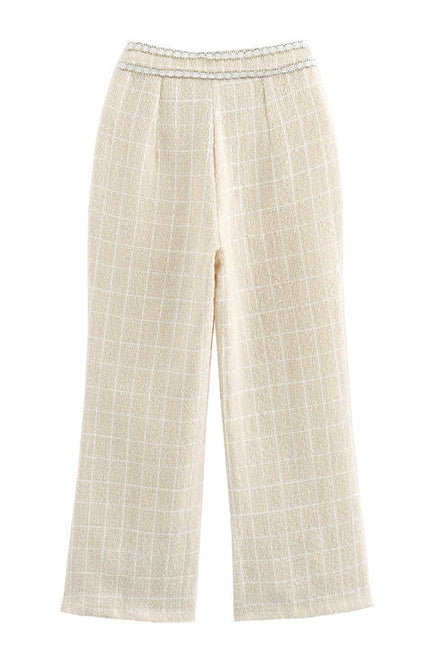V Neck Single Breasted Vest Waistcoat Beige Color Plaid Pattern Long Pants Women Casual 2 Piece Set