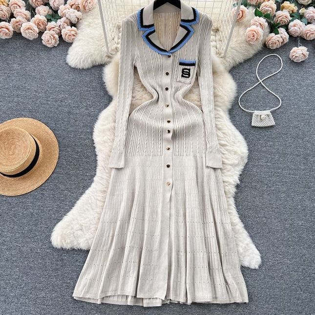 V-neck Women Knitted Spring Autumn Elegant Long Sleeve Ladies Fashion Maxi Dresses