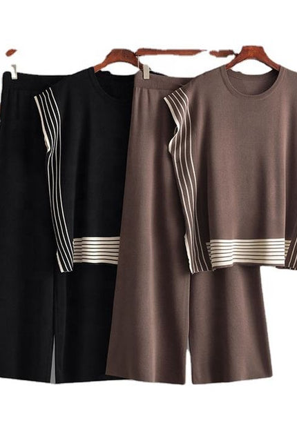 Fashion Suit Women's Striped Splicing Crew-neck Loose Knit Two-piece Set of High-waisted Straight Leg Wide-leg Pants