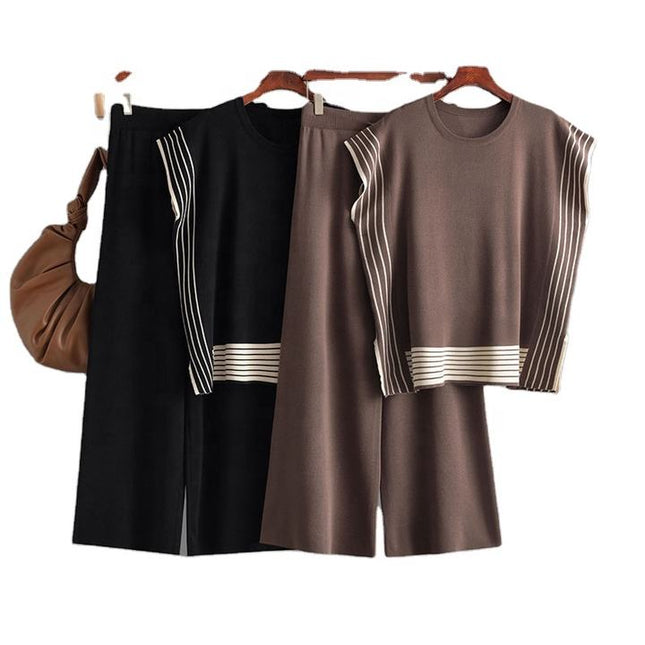 Fashion Suit Women's Striped Splicing Crew-neck Loose Knit Two-piece Set of High-waisted Straight Leg Wide-leg Pants
