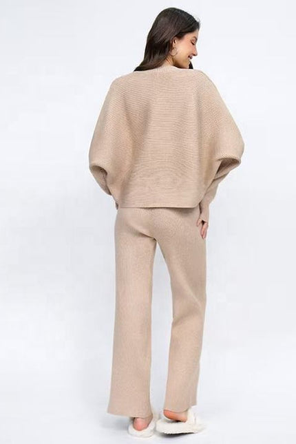 Autumn and Winter Loose Bat Sleeve Knitted Single Breasted Sweater High Waist Wide Leg Pants Knitted Set for Women
