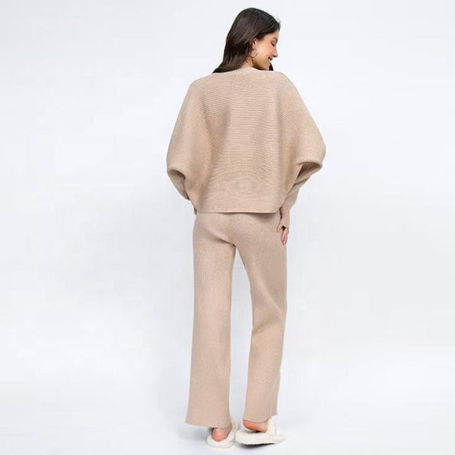 Autumn and Winter Loose Bat Sleeve Knitted Single Breasted Sweater High Waist Wide Leg Pants Knitted Set for Women