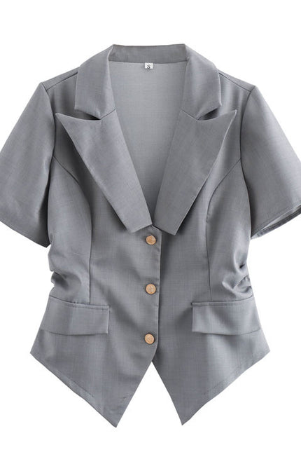 Gray Color Single Breasted Notched Collar Short Sleeve Casual Fashion Women 2 Piece Set