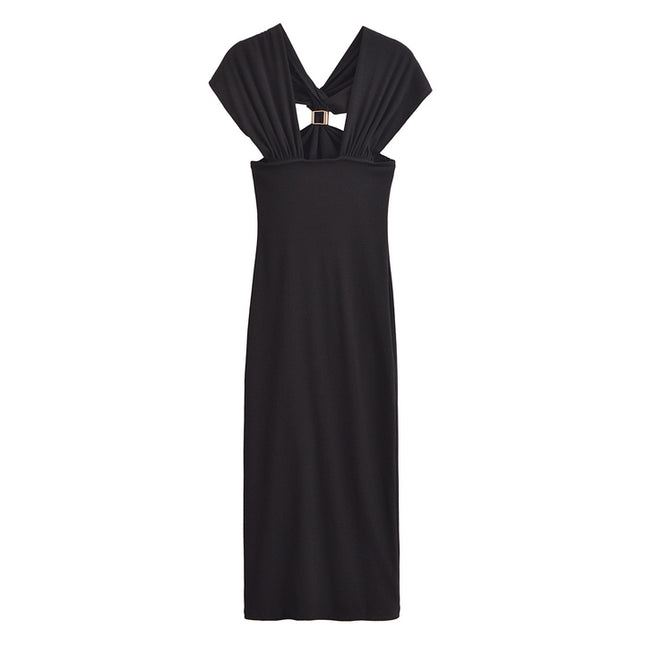 V Neck Black Color Sleeveless Hot Sale Casual Fashion Summer Long Dress for Women