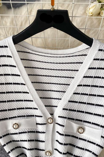 Knitwear Manufacturer Custom Contrast Color Striped V Neck Single Breasted Sleeveless Luxury Knit Dress