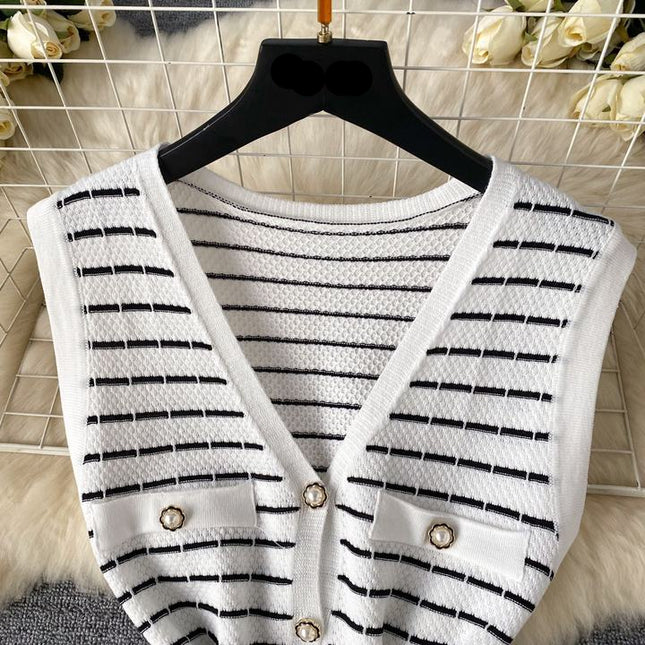 Knitwear Manufacturer Custom Contrast Color Striped V Neck Single Breasted Sleeveless Luxury Knit Dress