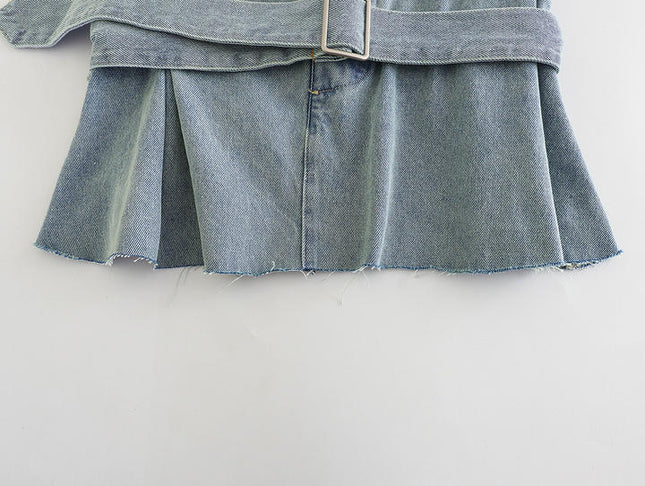 Denim Blue Color Strapless Sashes Casual Fashion Women's Jeans Crop tank Top