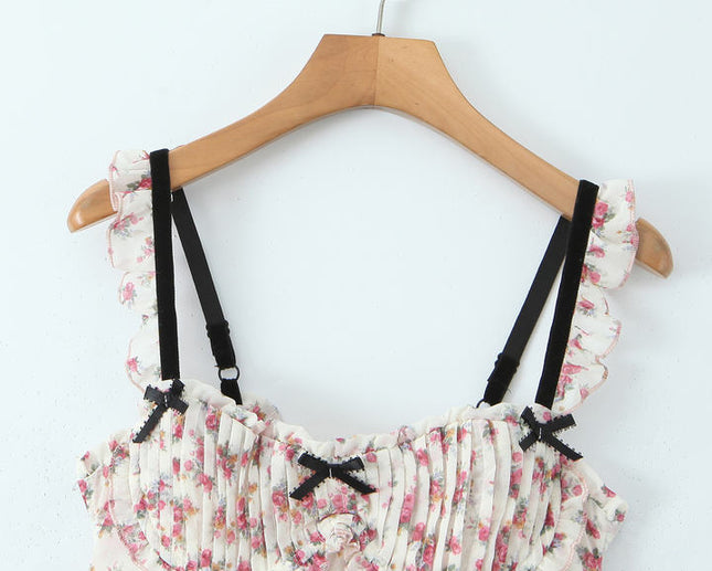 Floral Print pink White Color Front Bow Tie Casual Fashion Mini slip Dress for Ladies