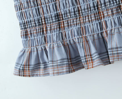 Slash Neck Smocked Plaid Print Front Bow Tie Sleeveless Casual Fashion Mini Dress for Women