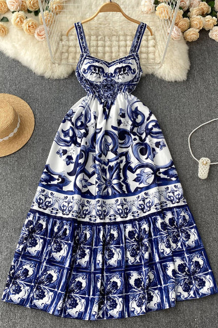Sleeveless Print A-line Dress Summer Simple High Waist Maxi Dress Ladies Elegant Dresses Clothes Women Wholesale